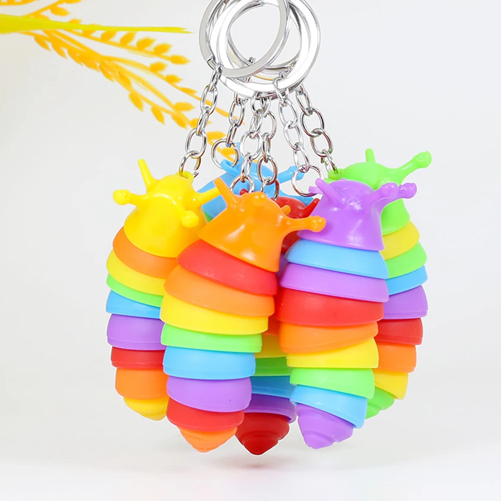 Creative Rainbow Color Caterpillars Keychain Relaxing Plastic Animal Keyring for Women Men Car Handbag Phone Case Pendant Gifts