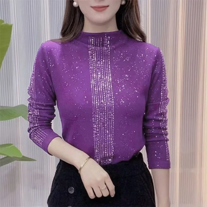 2023 New Women's Clothing Long Sleeve Half High Collar Autumn Winter Thick Office Lady Fashion Casual Chain Slim Pullovers