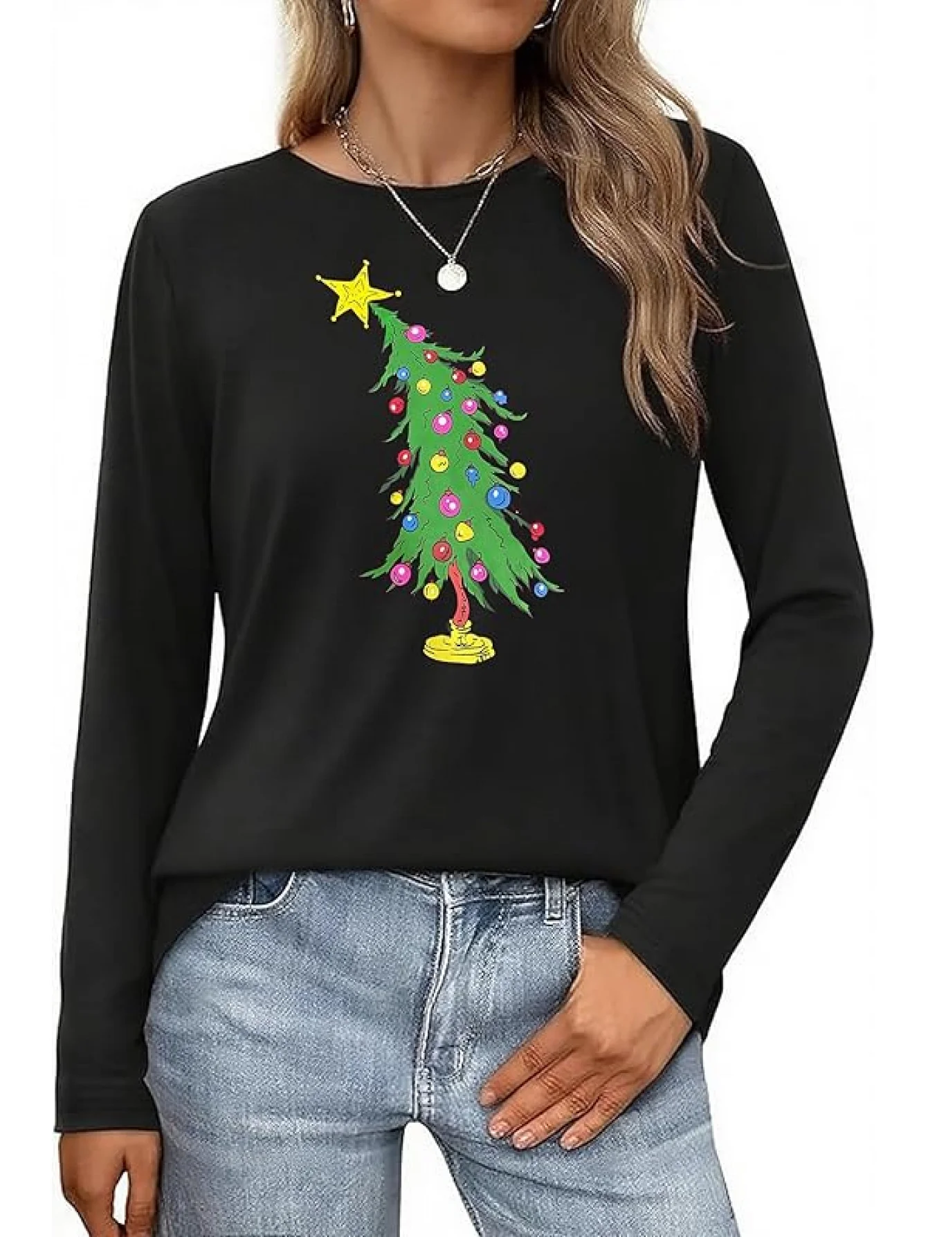 

Женская футболка с длинным рукавом и принтом рождественской елки — праздничный топ с круглым вырезом и блузка с прямыми рукавами, повседневная зима