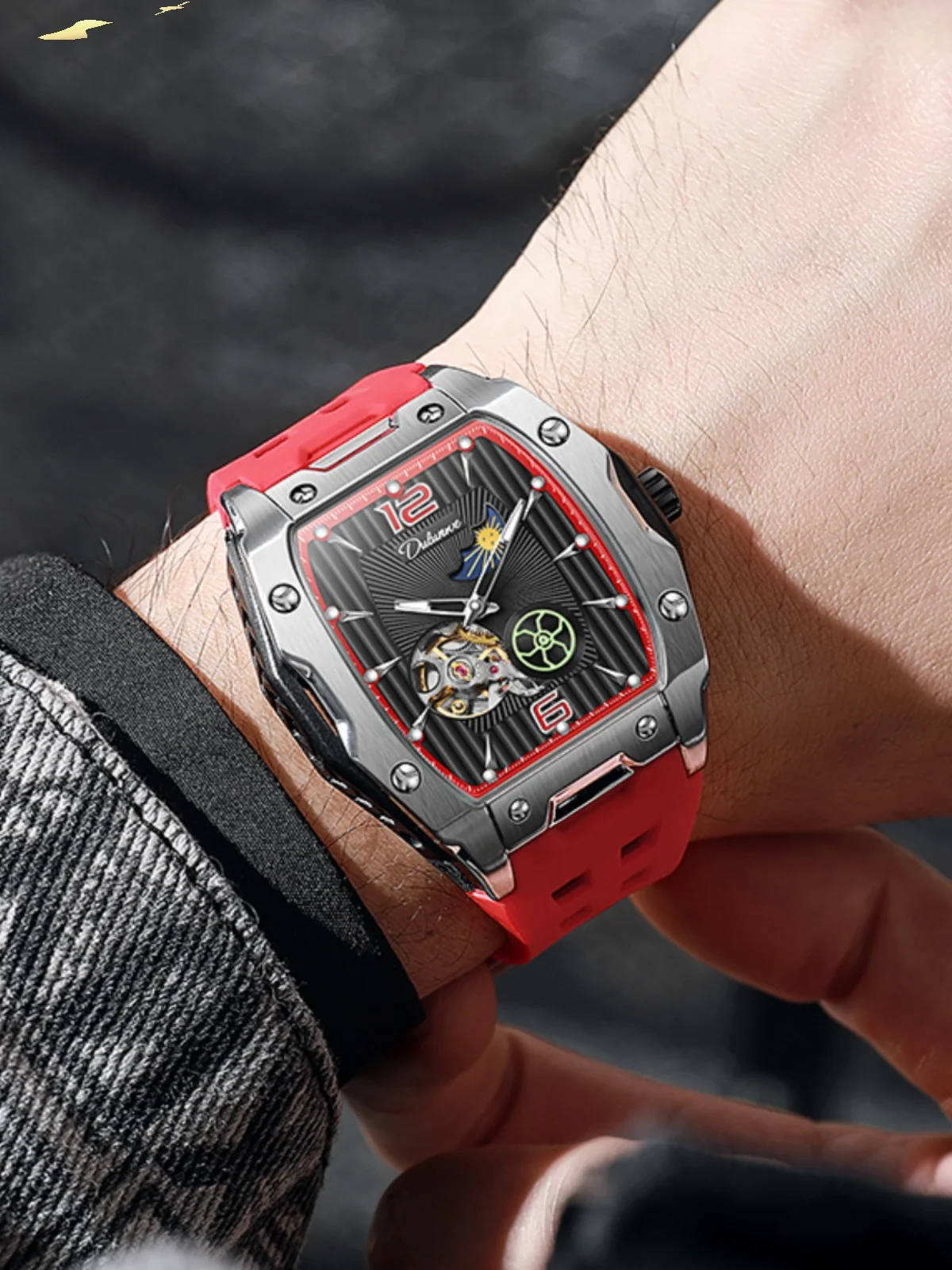 Durenwei Men's Automatic Mechanical Watch 2025 New Skeletonized Trendy Barrel Luminous Student Watch High Quality