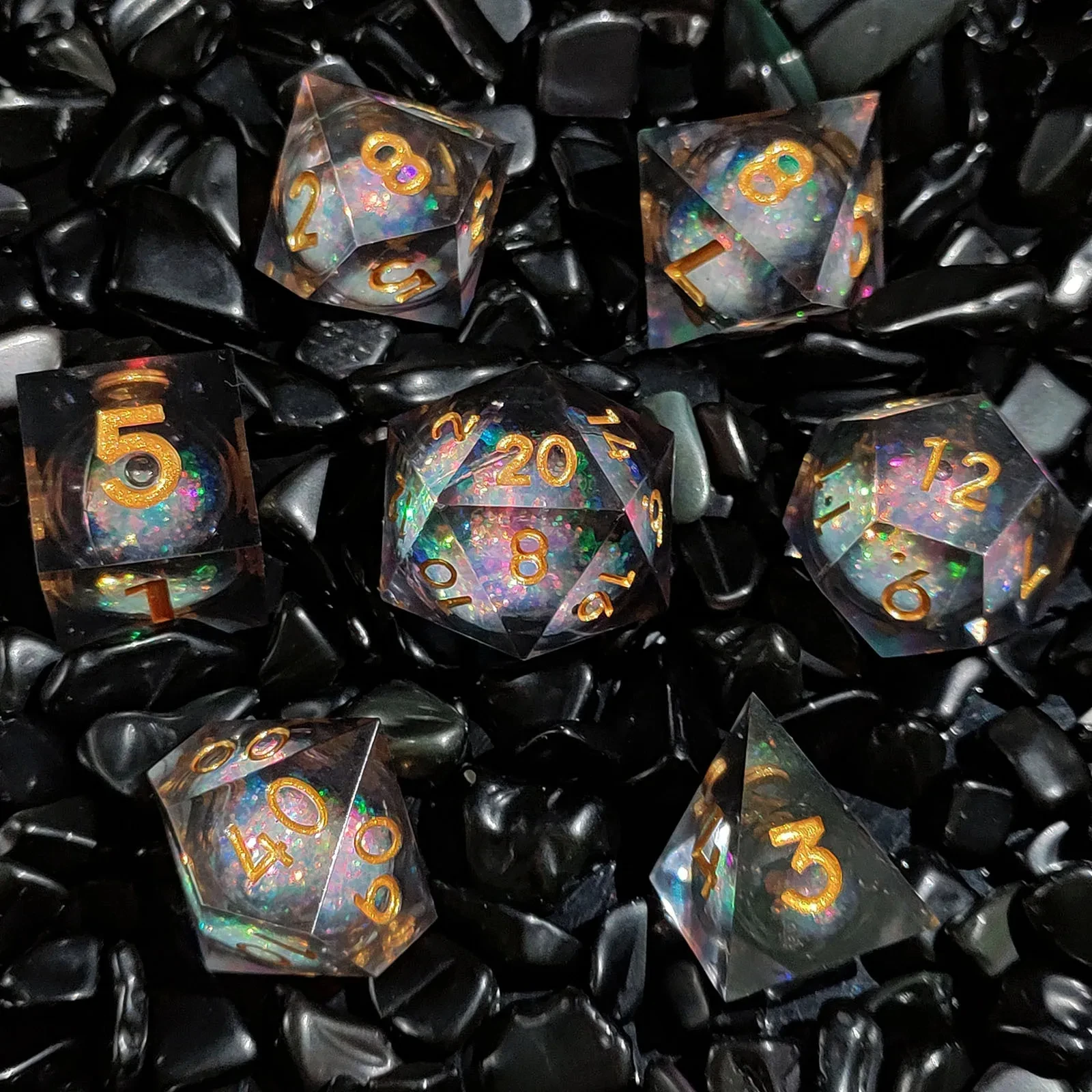 7pcs Black Golden Quick Sand Resin DND Sharp Edge Dice Set for Dungeon and Dragon RPG Board Game Role-playing D&D Dice D4 D6~D20