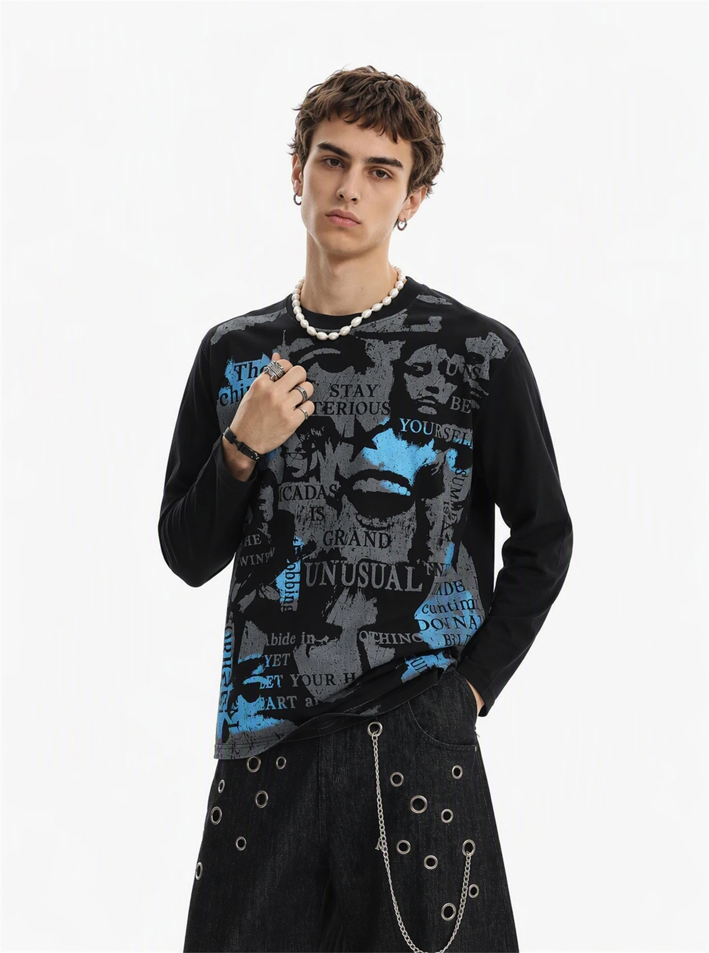 BETEBULE American Retro Loose Lazy Style Trendy Print Long Sleeve Men's T-shirt Autumn New round Neck Top Youth Popular Fashion