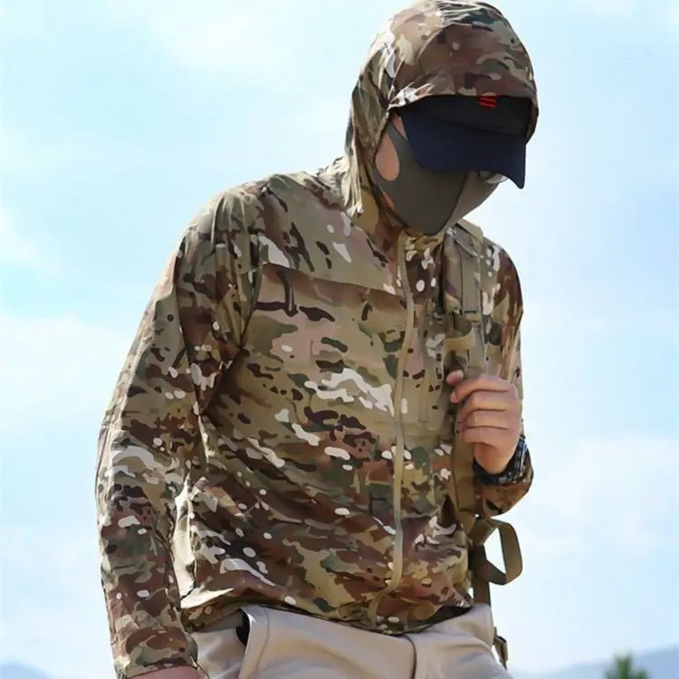 New Summer Zipper Cardigan Hooded Camouflage Thin Sunscreen Clothing for Men Outdoor Fishing Fish UV Protection