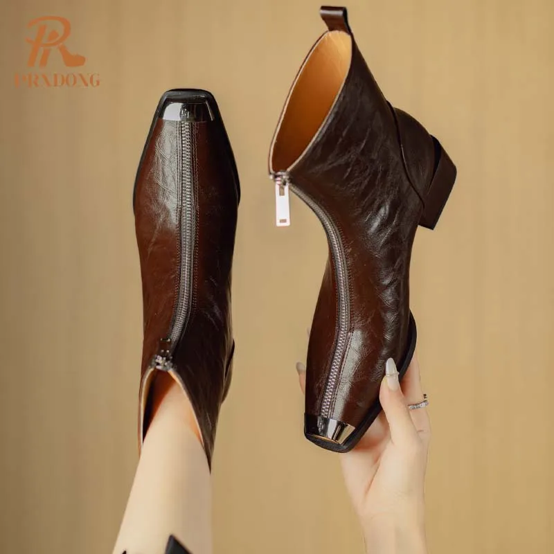 PRXDONG Genuine Leather Shoes 2024 New Fashion Autumn WInter Warm ANkle Boots Black Brown Zipper Dress Party Office Lady SHoes