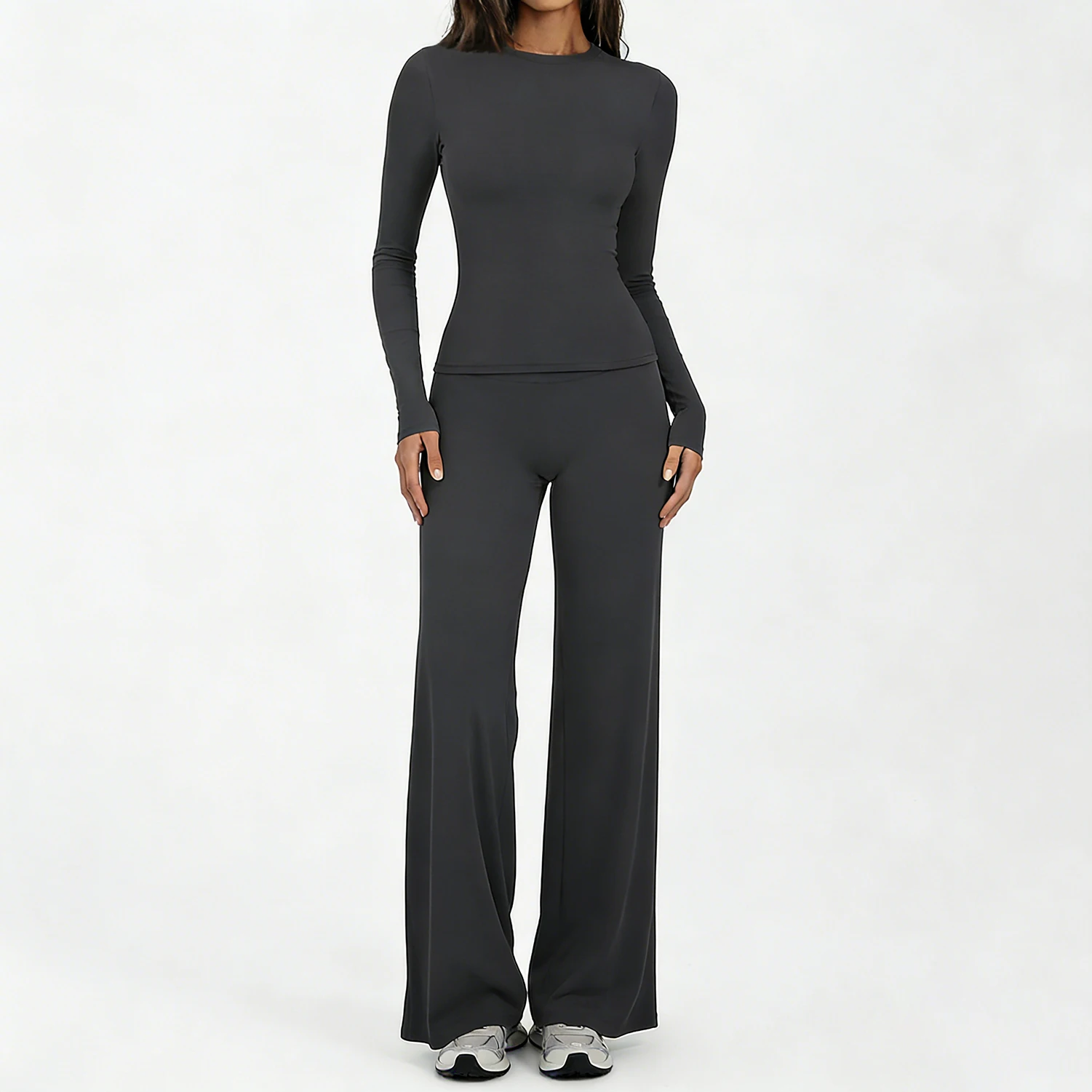 Women Yoga Set Two Piece Outfits Cropped Long Sleeve Top High Waist Wide Leg Pants Buttery Soft Creamy Texture Gym Wear