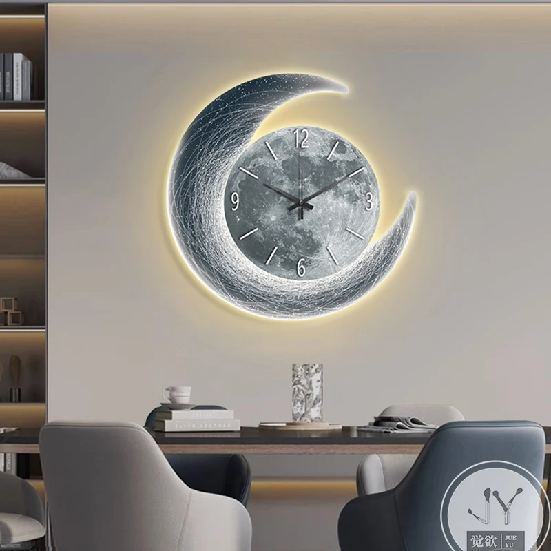 Modern Moon Phase Wall Clock with LED Light and Painting Luxury Silent Night Light Living Room Dining Room Artistic Glow Decor
