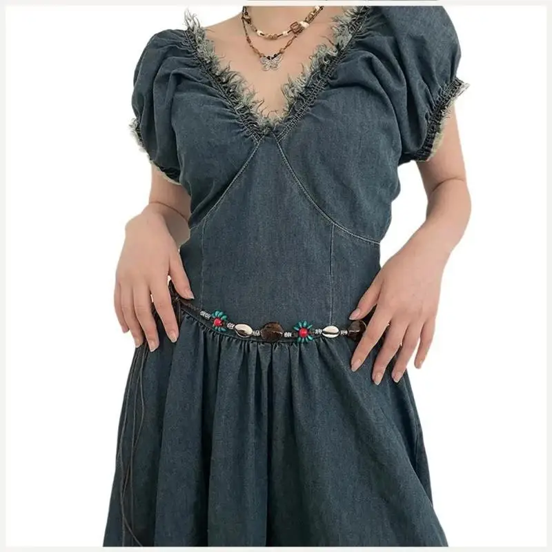 Cinto contas tecido cintura sexy com contas conchas flor para meninas senhoras