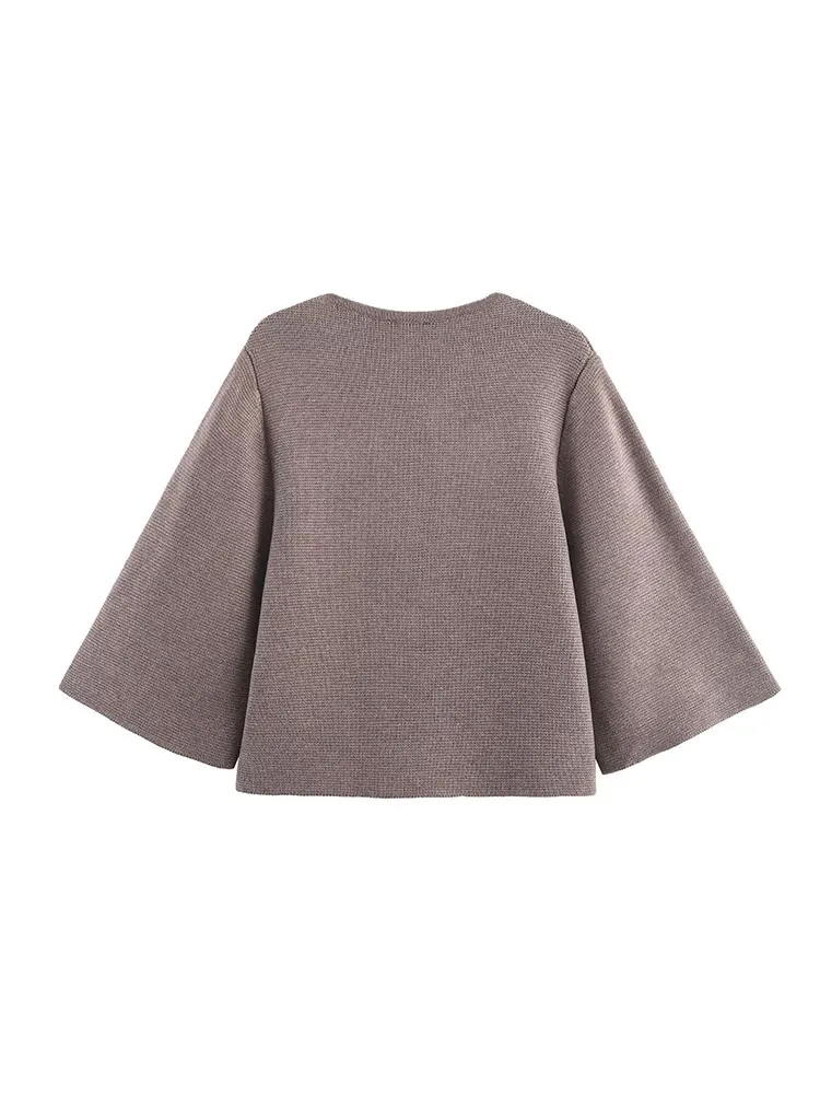 TFAFXY Women Fashion Solid Single Breasted Knitted Sweater Vintage O-Neck Short Sleeves Female Chic Lady Sweater