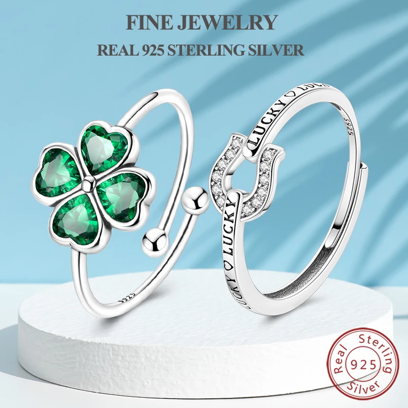 

100% 925 Sterling Silver Rings Lucky Four-leaf Clover Horseshoe Open Ring For Women Girl Wedding Engagement Party Jewelry Gift