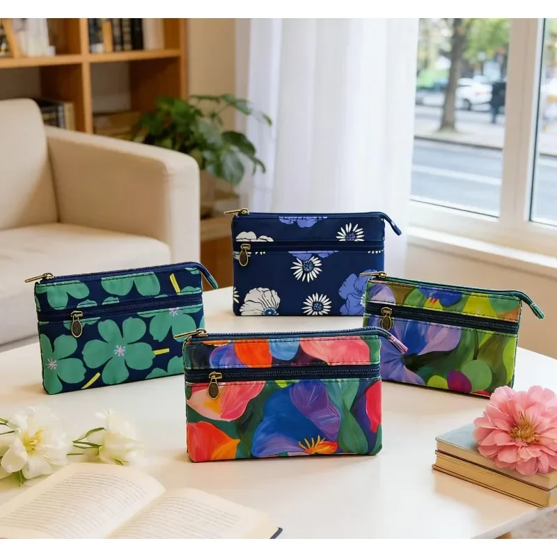 Frischer pastoraler Stil, florales Muster, doppelter Reißverschluss, 4-lagige Baumwoll-Geldbörse, Münzgeldbörse für Mädchen, Silber-Geldbörse, Ausweistasche, Kartenetui