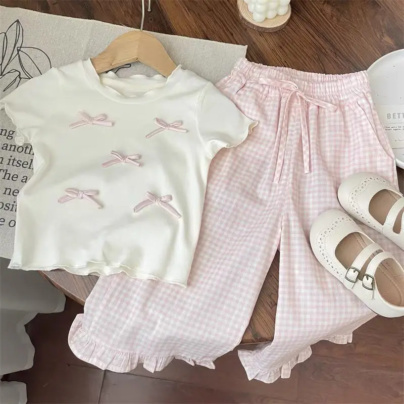 2025 Summer New Sweet Girls Short Sleeve T Shirts Cute Bow Clothes Set Kids Girls Plaid Pants 2pcs Suit Cotton Toddler Outfits