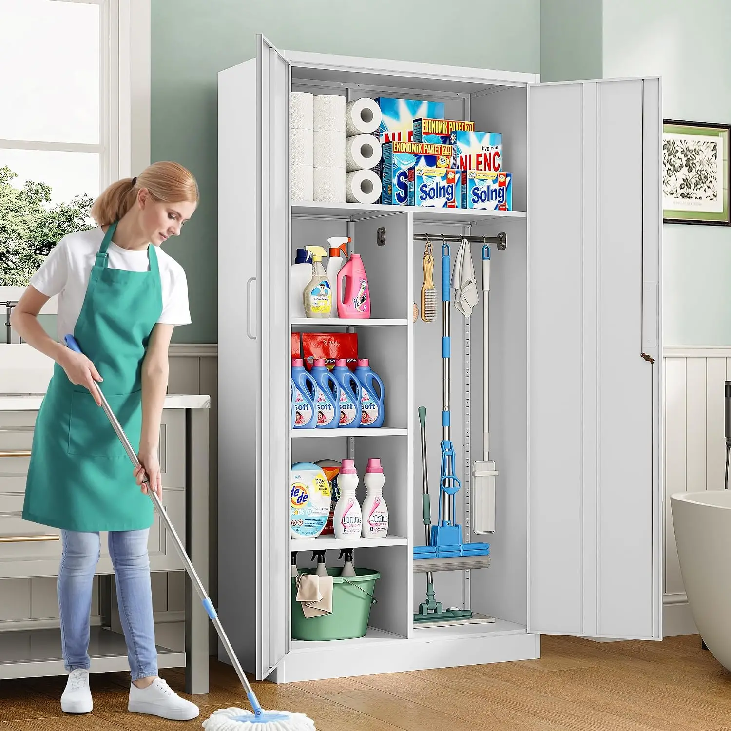 72‑Inch Tall White Wide‑Deep Metal Wardrobe Storage Cabinet with Lock, Hanging Rod and Adjustable Shelves, Lockable Steel Tool & Broom Closet Organizer for Home, Office and Garage