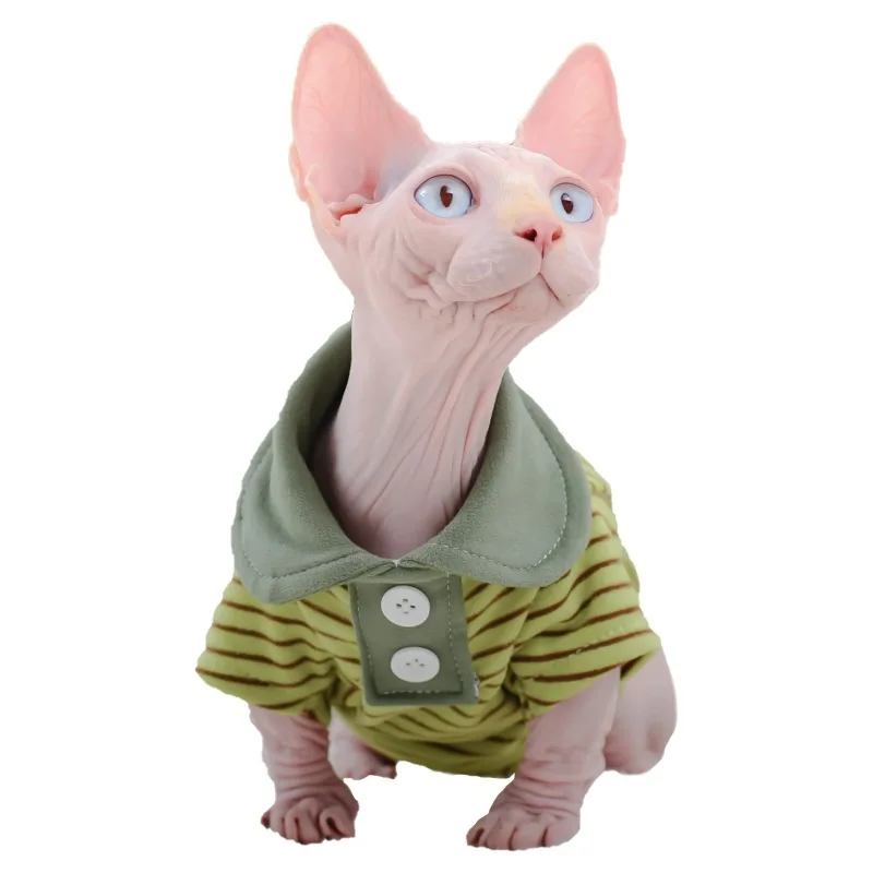 

Hairless Cat Clothes Autumn Stretch Heating Velvet Stripe Base Polo Shirt Devon Cat Clothes Customizable