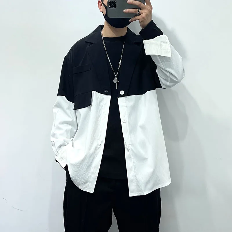 

Spring thin original dark personality color contrast stitching tooling shirt coat 2023 High quality plus size men's wear