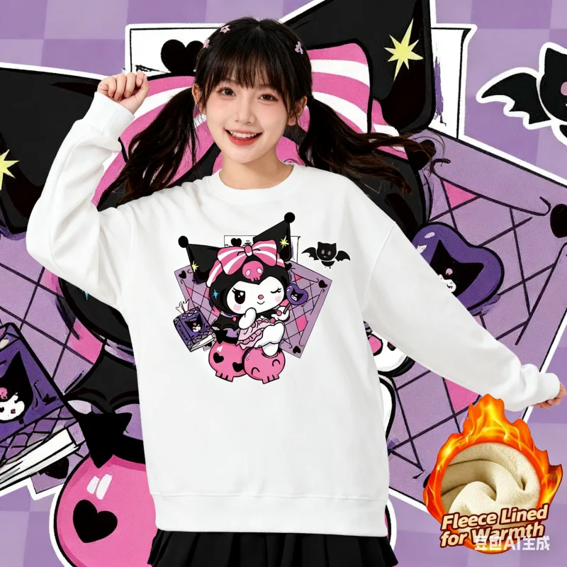 

2025 Sanrio Series Printed Crew Neck Long-Sleeve Top, Cute and Warm Fleece-Lined Crew Neck Long-Sleeve T-Shirt, 100% Cotton