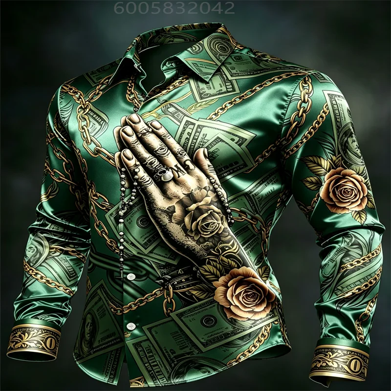 Men Satin Long Sleeve Dress Shirt Money Chain Tattoo Hand Rose Print Button‑Down Turn‑Down Collar Male Party Banquet Formal Casu
