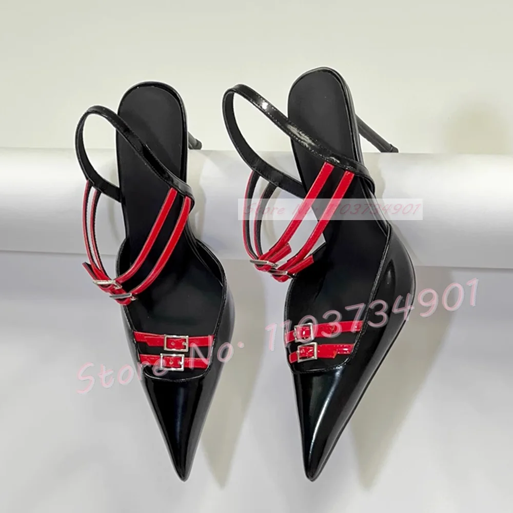 

Hot Girl Black Pointy Toe Sandals Women Red Double Buckle Strap Mixed Color High Heels Ladies Sexy Patent Leather Big Size Shoes