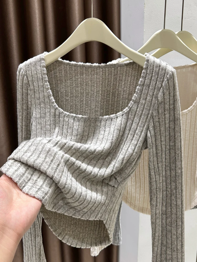 

Женский трикотажный топ Ele Long Sve с квадратным вырезом, базовый слой, облегающая футболка для осени и зимы