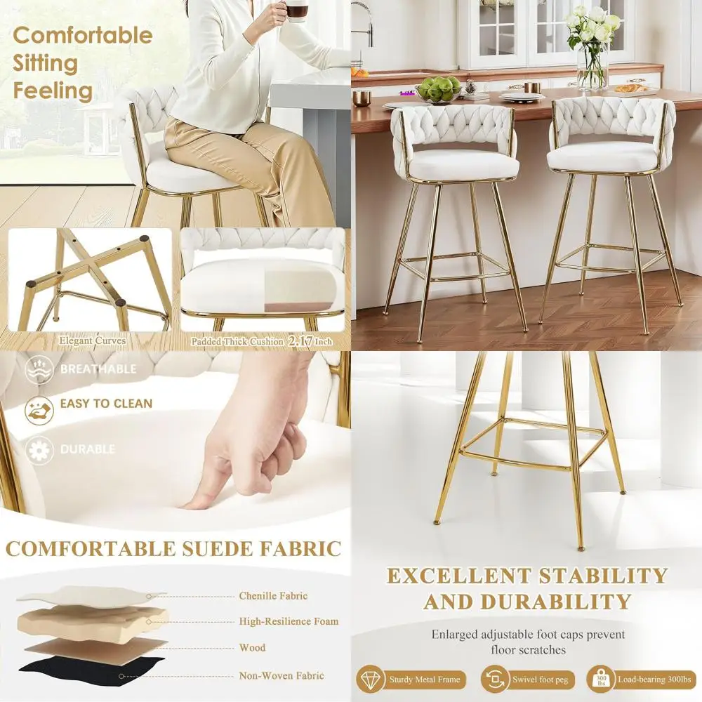 

Набор из 4 белых барных стульев для кухонного острова, высота 26 дюймов, с плетеным сиденьем и подставкой для ног