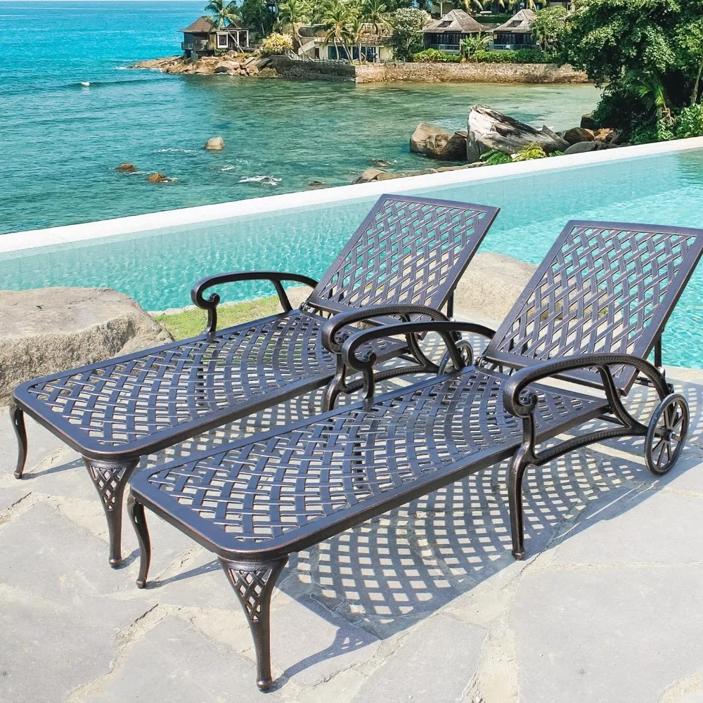 

Outdoor Chaise, Pool Lounge Chairs Cast Aluminum Tanning Chairs Adjustable Backrest and Moveable Wheels, Outdoors Garden Lounger