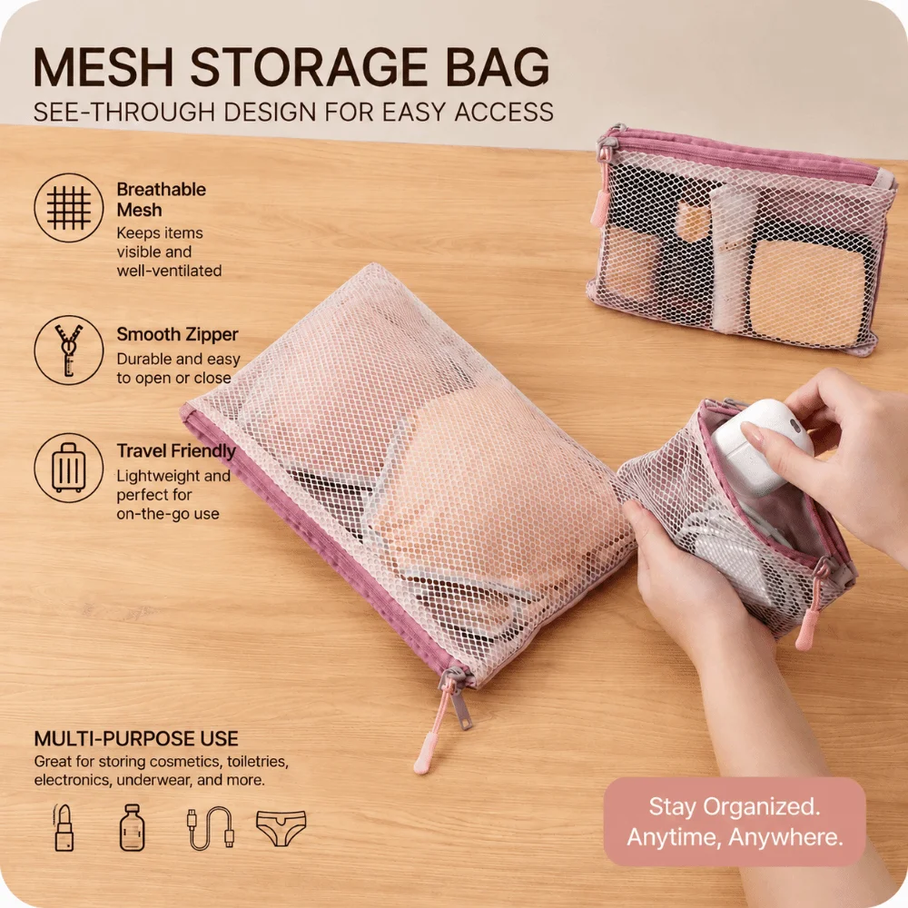Portable Double Zipper Mesh Organizer Pouch Multi-size Dual-Layer Makeup Bag Polyester Cable Organizer Bag Travel