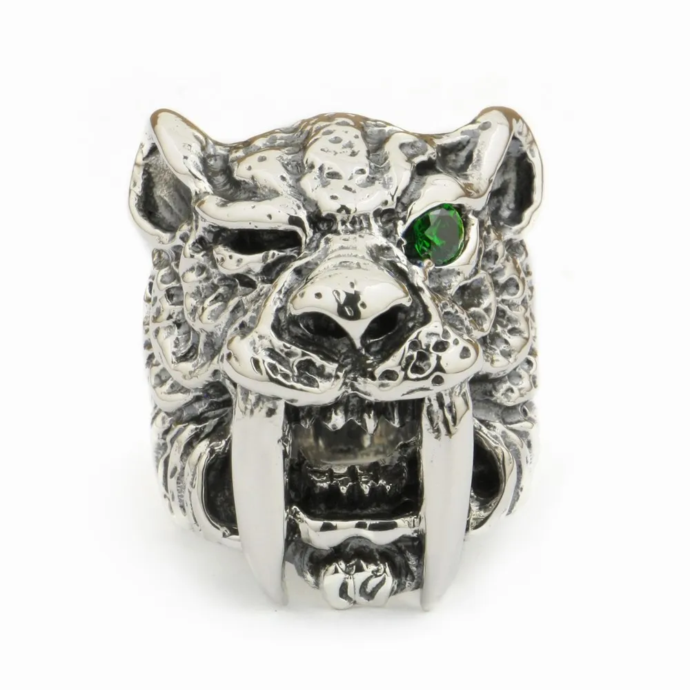 

Huge 925 Sterling Silver Green CZ Eye Sabretooth Ring Biker Rock Punk Tiger Jewelry TA18 US Size 7~15