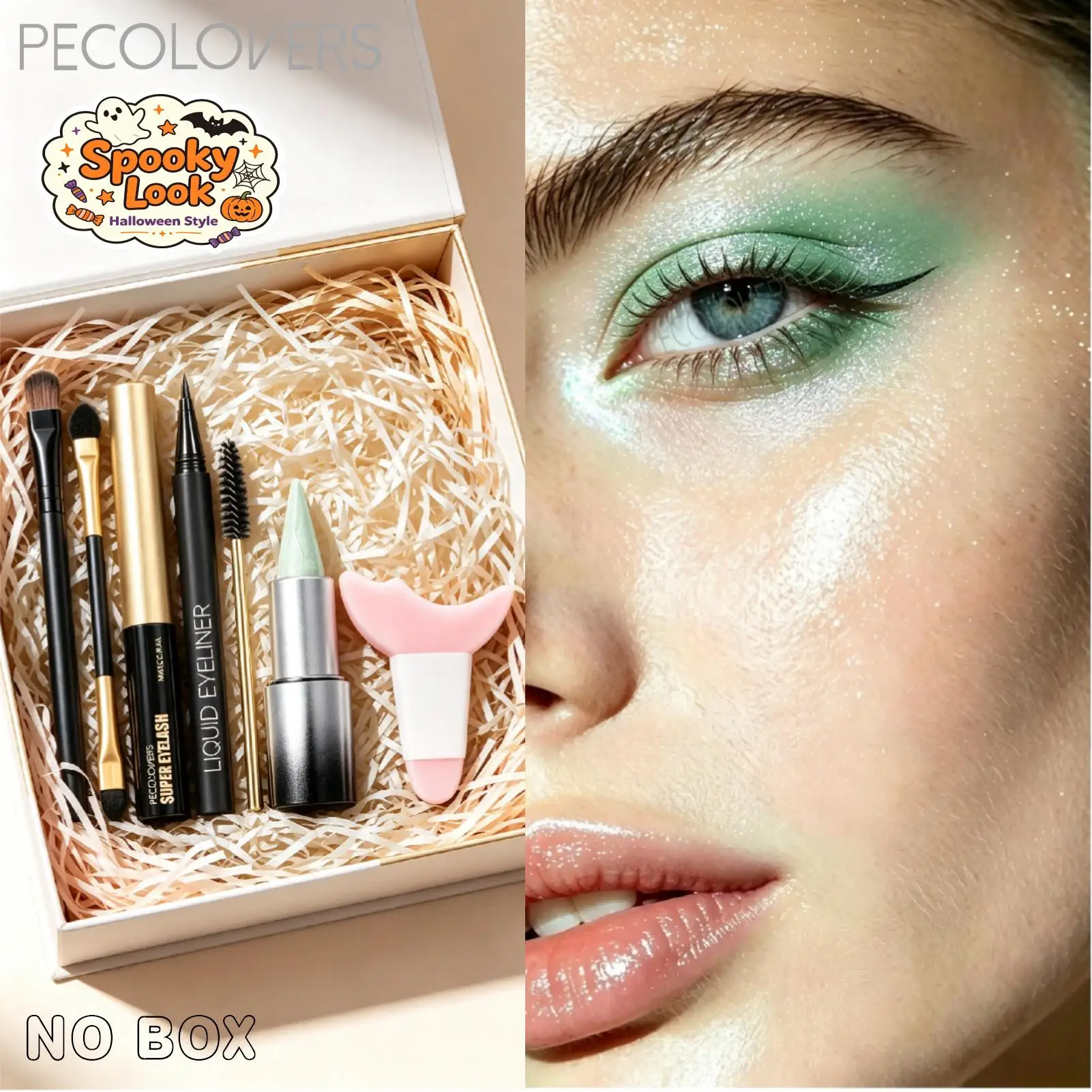 Kit de Maquillaje para Ojos de 7 Piezas, Lápiz de Sombra de Ojos Verde Brillante, Delineador Líquido Delgado, Máscara de Pestañas Rizadora, con Herramienta de Maquillaje