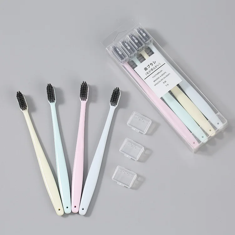 4-piece Set of Adult Japanese-style Plain Toothbrushes with Protective Covers, Small Heads, and Medium-soft Bristles
