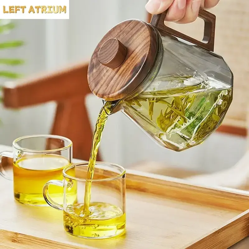 500/800ml Thickened and Heat-resistant Glass Teapot Brewing Tea Set with Wooden Lid Tea Strainer
