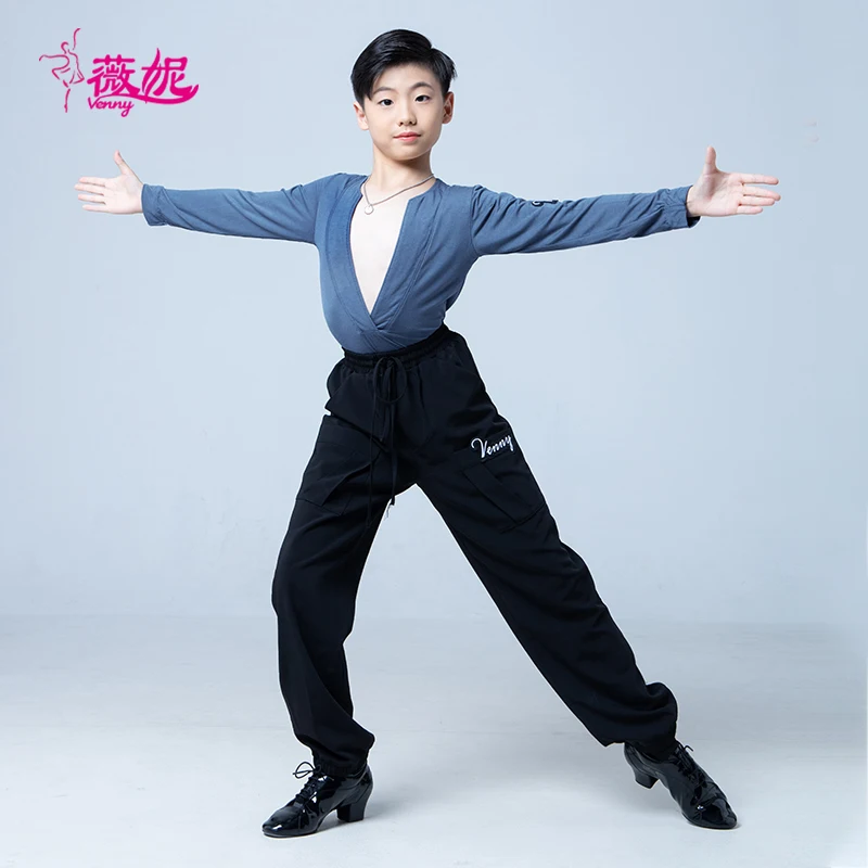 Vennystyle Top da ballo latino da uomo con scollo a V profondo manica lunga vestibilità slim per costumi da ballo da sala da ballo