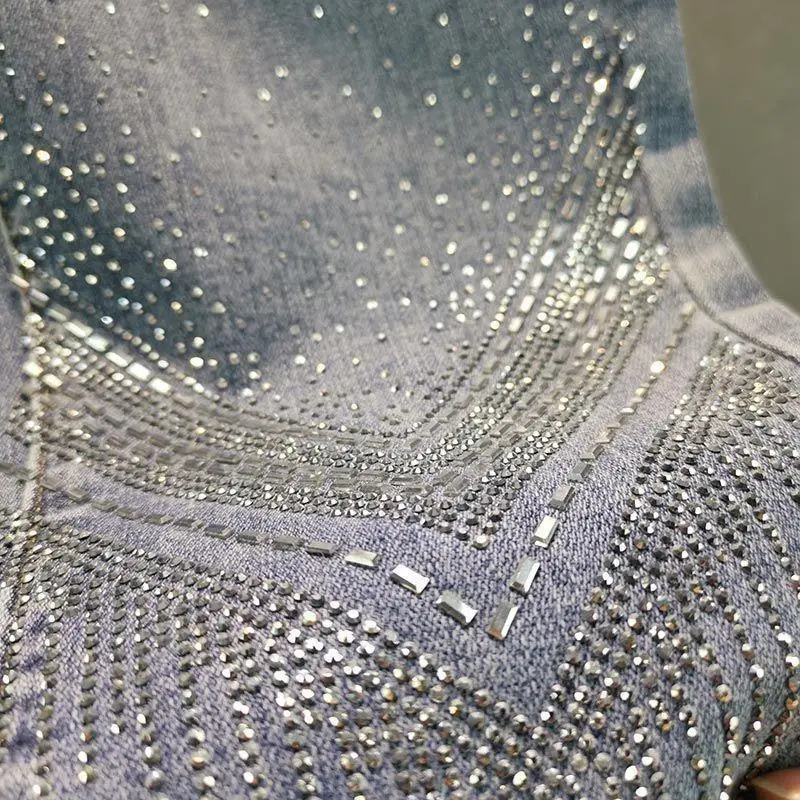 Heavy industry hot stamping tight jeans women high waisted elastic waist fashion and versatile small leg nine cropped pants