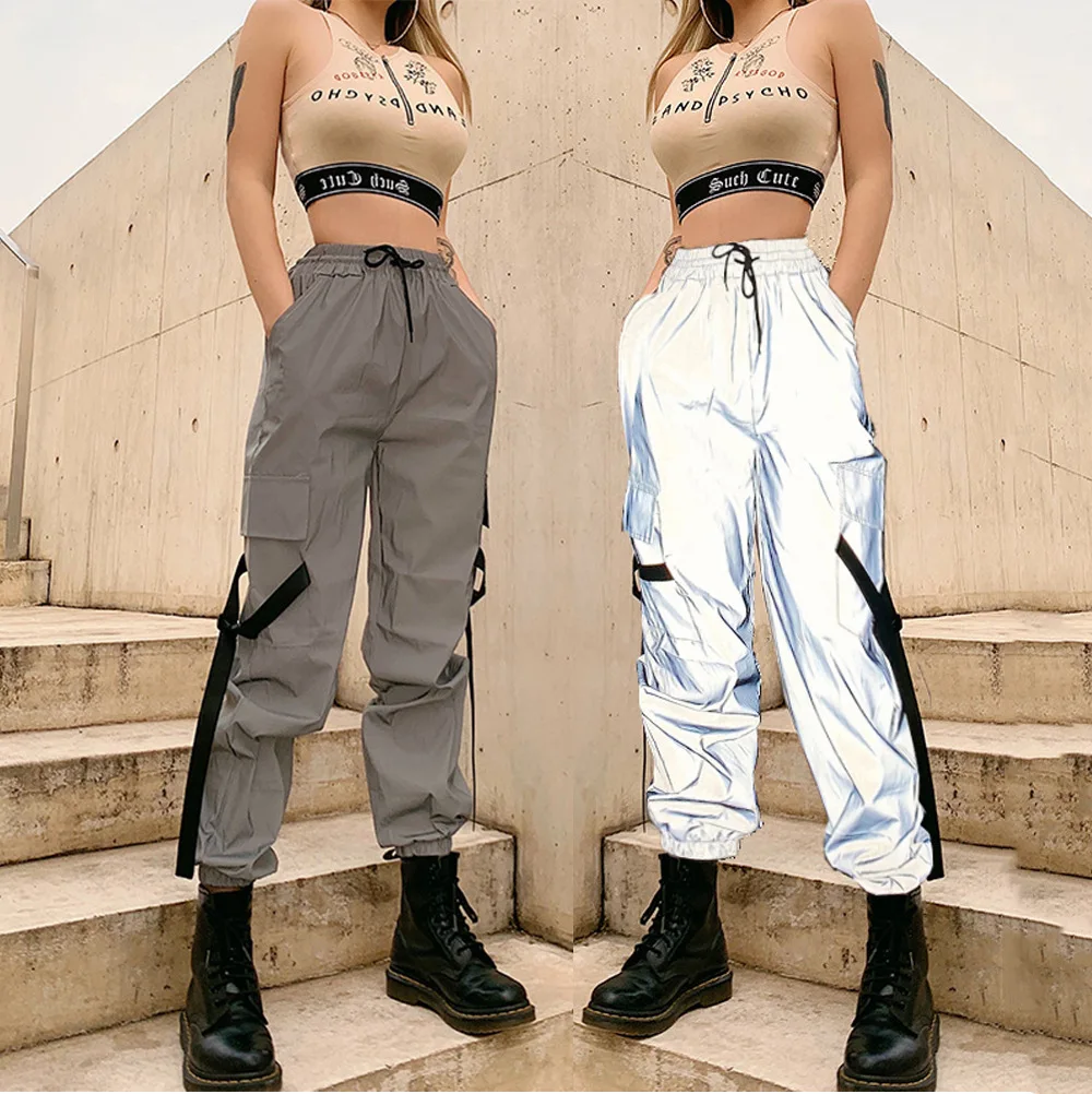 

2025 summer new women's clothing fashion high waist reflective lace-up tooling casual pants women's street shot trousers