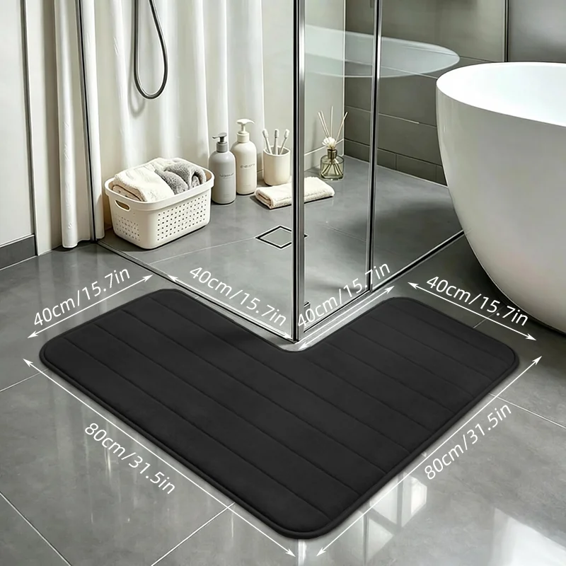 1 Stück L-förmige, rutschfeste und saugfähige Badematte, dicke, schnell trocknende Fußmatte aus Korallenfleece, mit horizontalen Streifen geprägtes Design, geeignet für Hotels, Gästehäuser und den privaten Gebrauch, rutschfester und schmutzabweisender Teppich für den Duschbereich im Badezimmer. – Detail 3