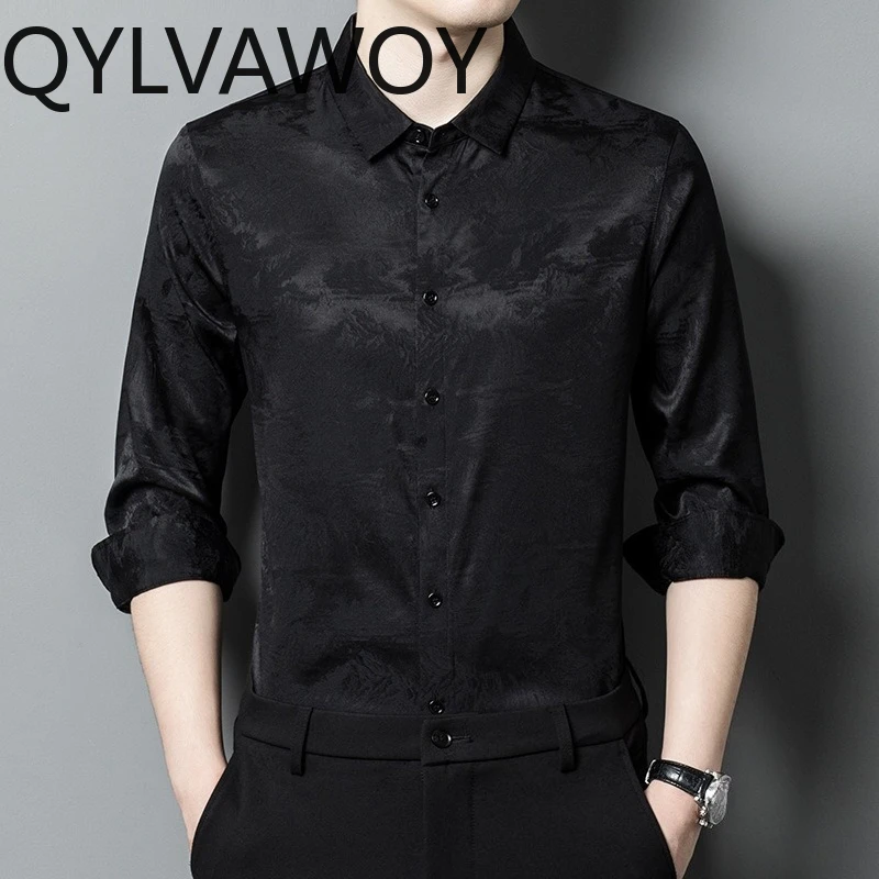 QYLVAWOY 92.4% Mulberry Silk Shirts for Man Jacquard Shirt Spring Autumn Tops Stylish Men's Shirts High-end Camisas Masculina