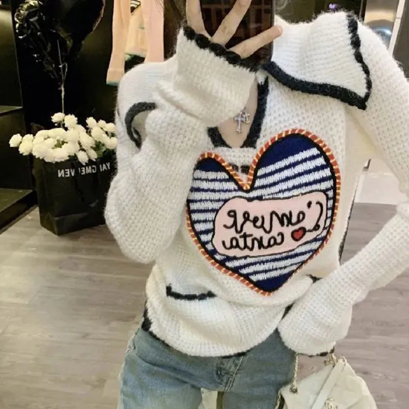 Hollow Out Soft Women\'s Sweater Pullovers Embroidery Loose Knitwear Jumper Female Tops Long Sleeve Korean Casual Woman Sweater