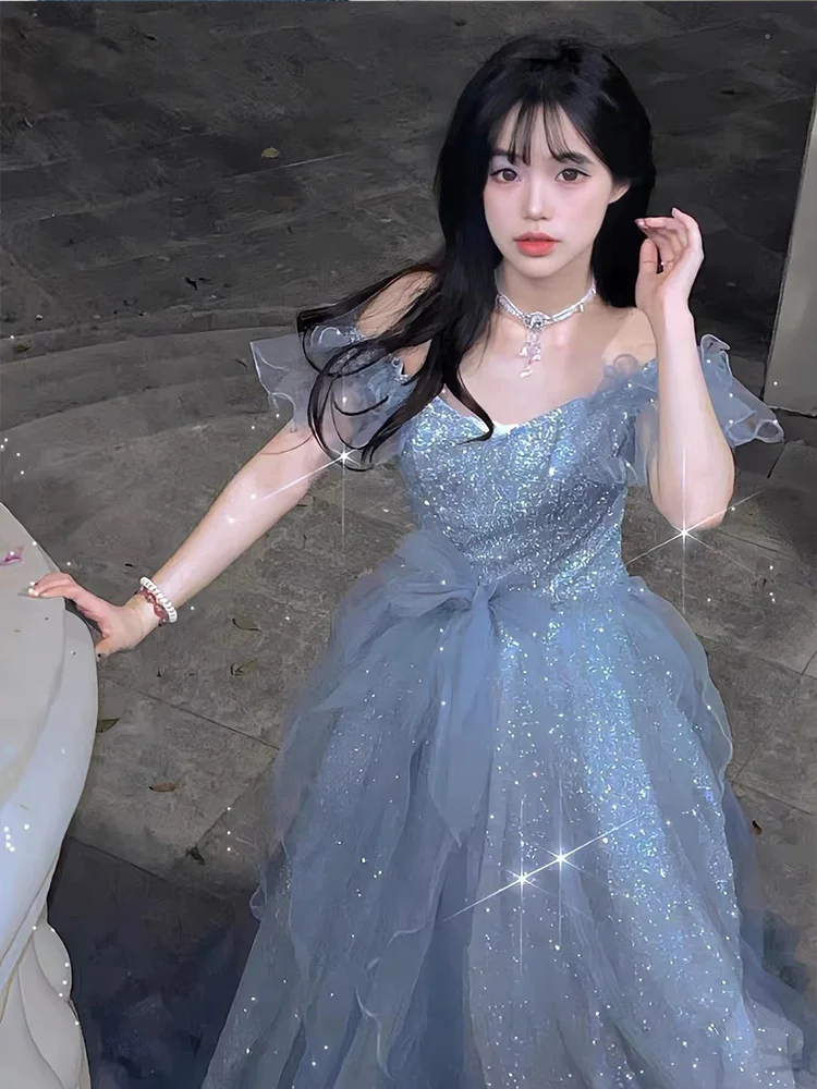 Princess style evening dress haute couture for women 2024 new student day adult ceremony art exam blue banquet fairy charm