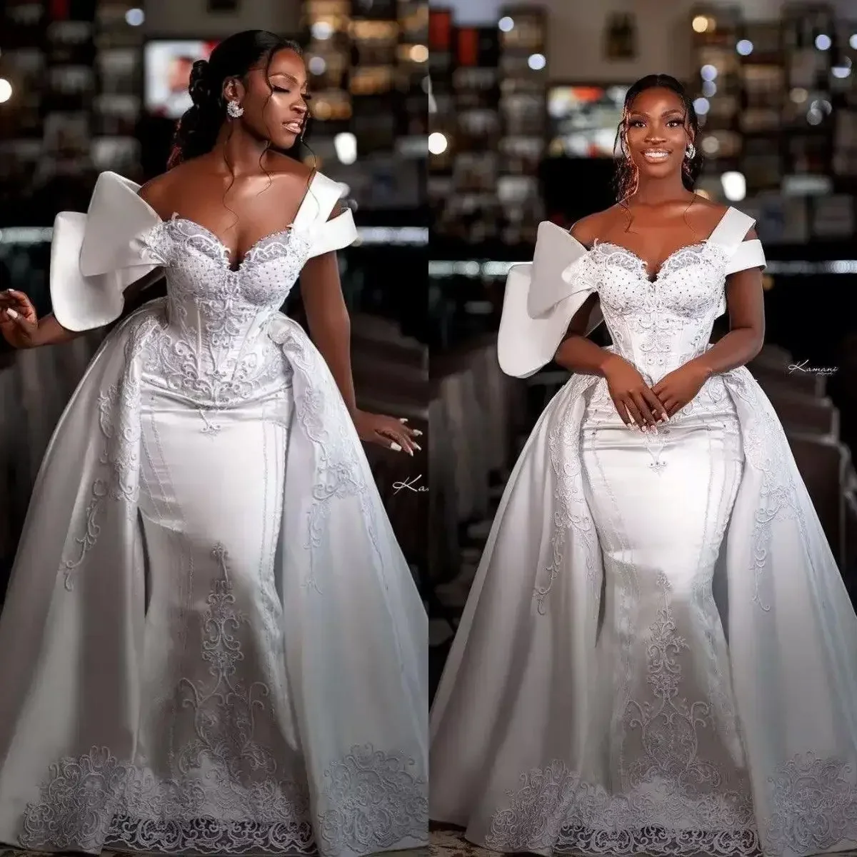 

Customized Fashion Off The Shoulder Embroidery Beaded Mermaid Wedding Dresses With Detachable Train Satin Bridal Gowns