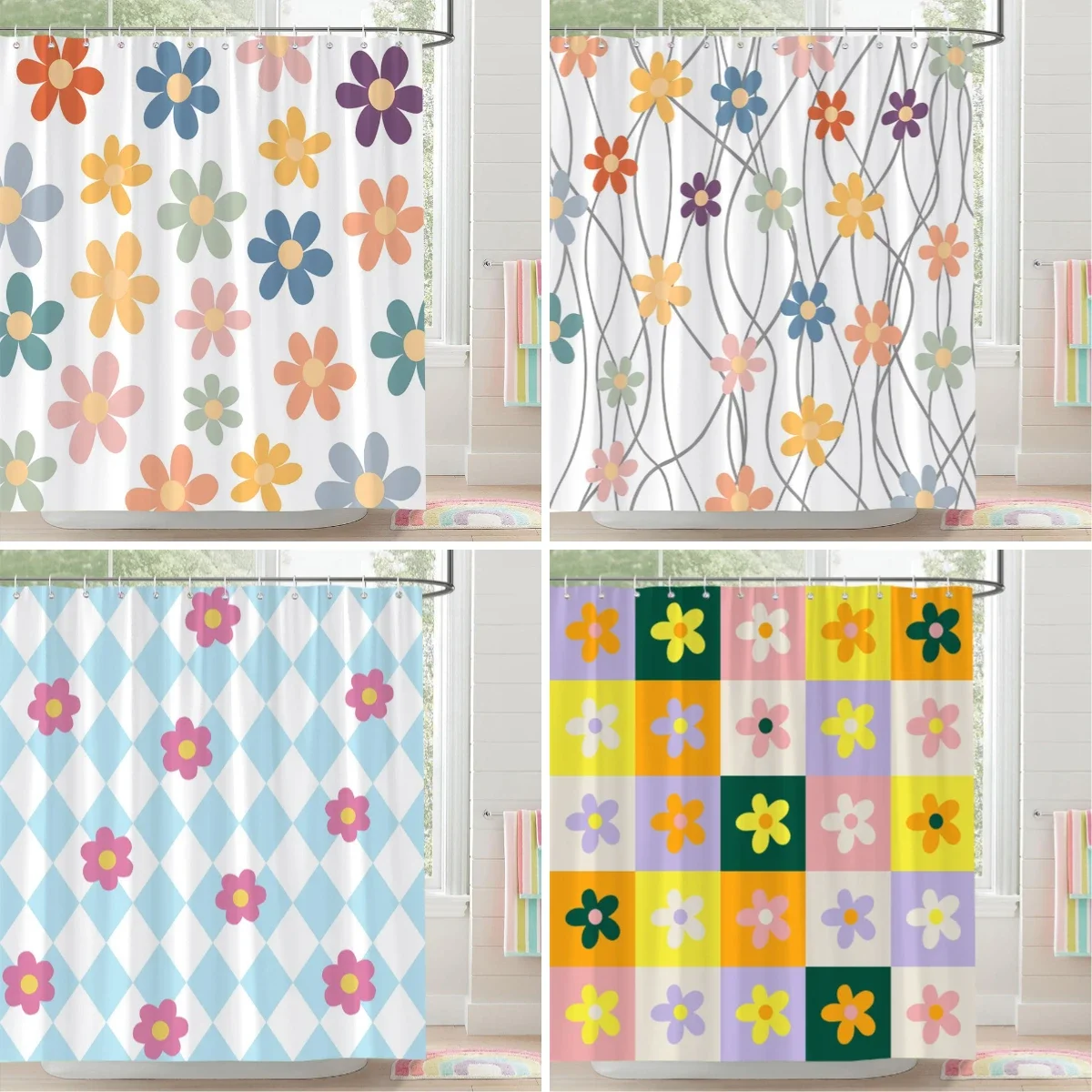 Colourful Flower Shower Curtain Geometric Lines Square Fresh Elegant Polyester Kids Shower Curtains Bathroom Decor With Hooks