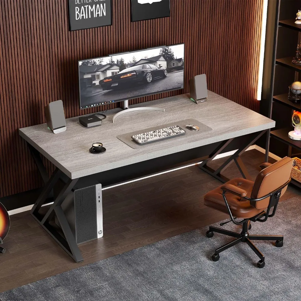 Industrial Style Wood and Metal Gaming Desk for Home Office, Modern PC Study Table with Gray Finish for Bedroom Workspace