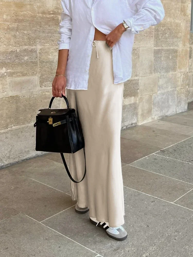 Faldas largas Midi elegantes para mujer, faldas largas de satén de alta calidad, cintura alta con cordón, falda de Color sólido con cordones, 2024