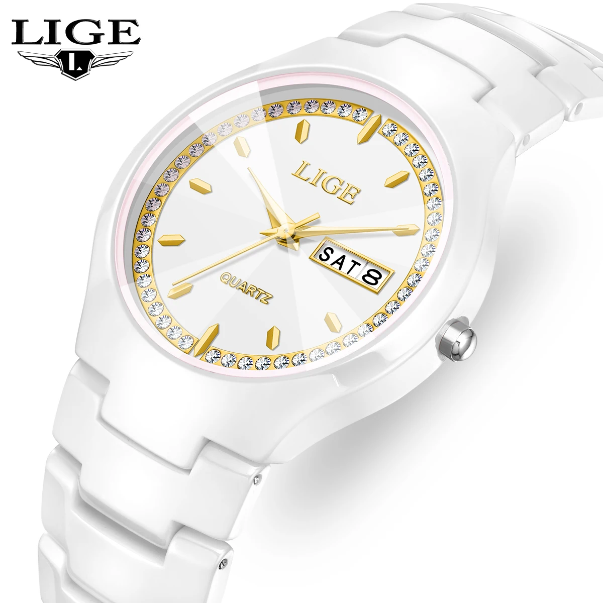 

LIGE Women's Watch elegant fashion business ceramic luxury watch lady week calendar quartz Watch for Women Gift Relogio Feminino