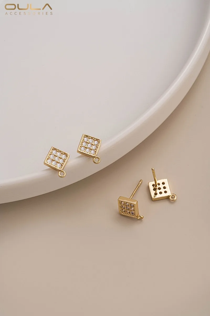 14K Gold-plated, Zircon Inlaid, Round, Rhombic, Rectangular, with Pendant Ring Earrings, 925 Silver Ear Needles Diy Earrings