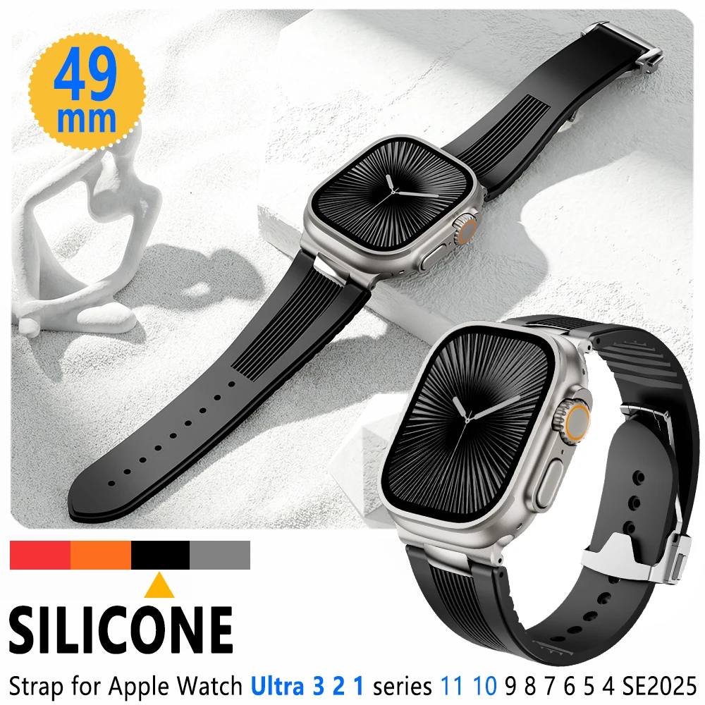 

Роскошный силиконовый браслет для Apple Watch Ultra 3 2 49 мм, Series 11 10 46 мм, мужской спортивный ремешок для Iwatch 9 8 7 6 5 4 SE 3 45 мм 44 мм