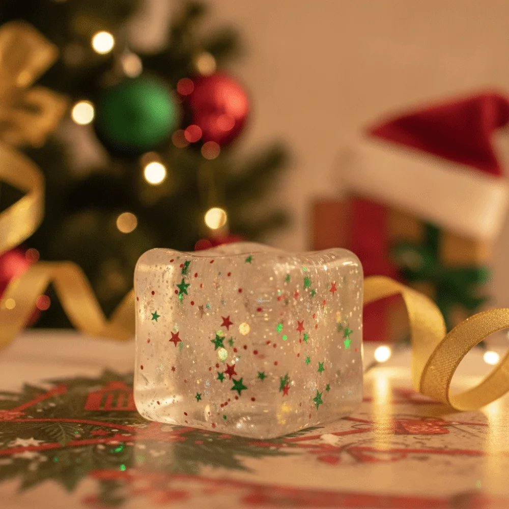 Slow Rebound Christmas Maltose Stress Relief Ice Cubes with Sequins Stretchable Squishy Sensory Stress Cubes Transparent