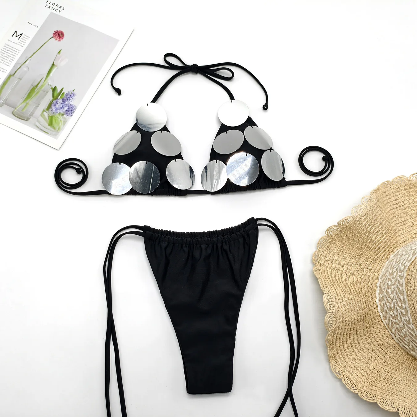 

Новый большой комплект бикини с пайетками 2026 года, женский блестящий раздельный купальник, сексуальный пляжный купальный костюм с лямкой через шею