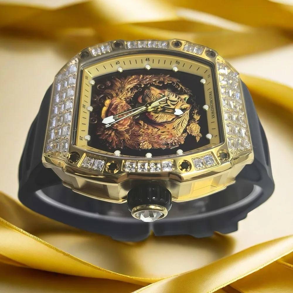 Nowy męski zegarek na rok 2025, automatyczny mechanizm, luksusowy zegarek dla mężczyzn, tarcza z motywem tygrysa, zegarek mechaniczny, wodoodporny, składane zapięcie.