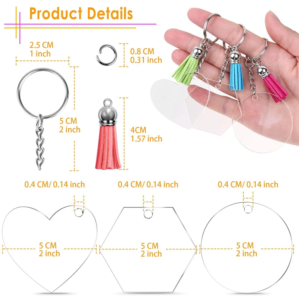 36pcs Acrylic Keychains Set Clear Blanks Tassels Key Chain Jump Rings for Vinyl Crafting DIY Holiday Decoration