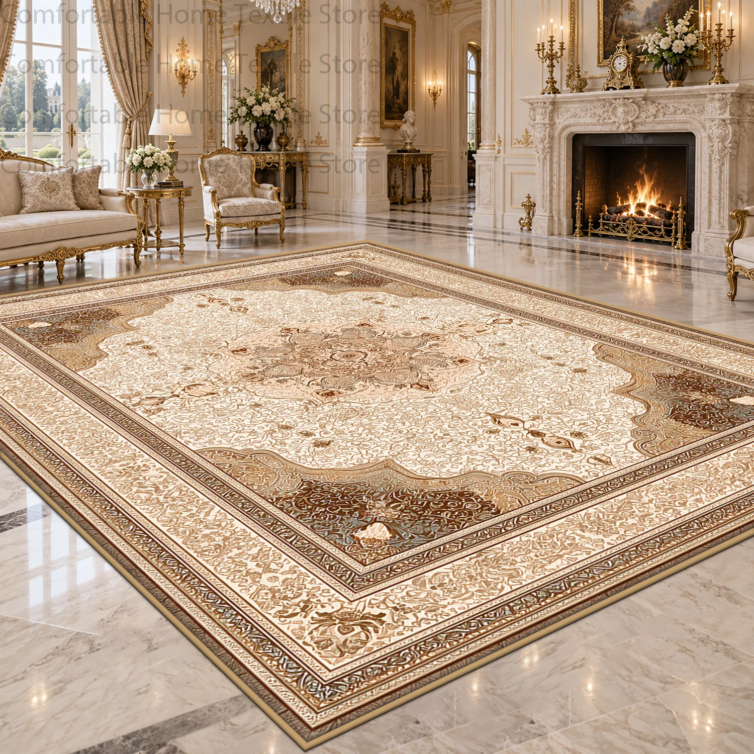 European Palace Classic Luxury Big Living Room Rug Beige Brown Ornate Floral Traditional Decor Carpet Fluffy Non-slip Floor Mat