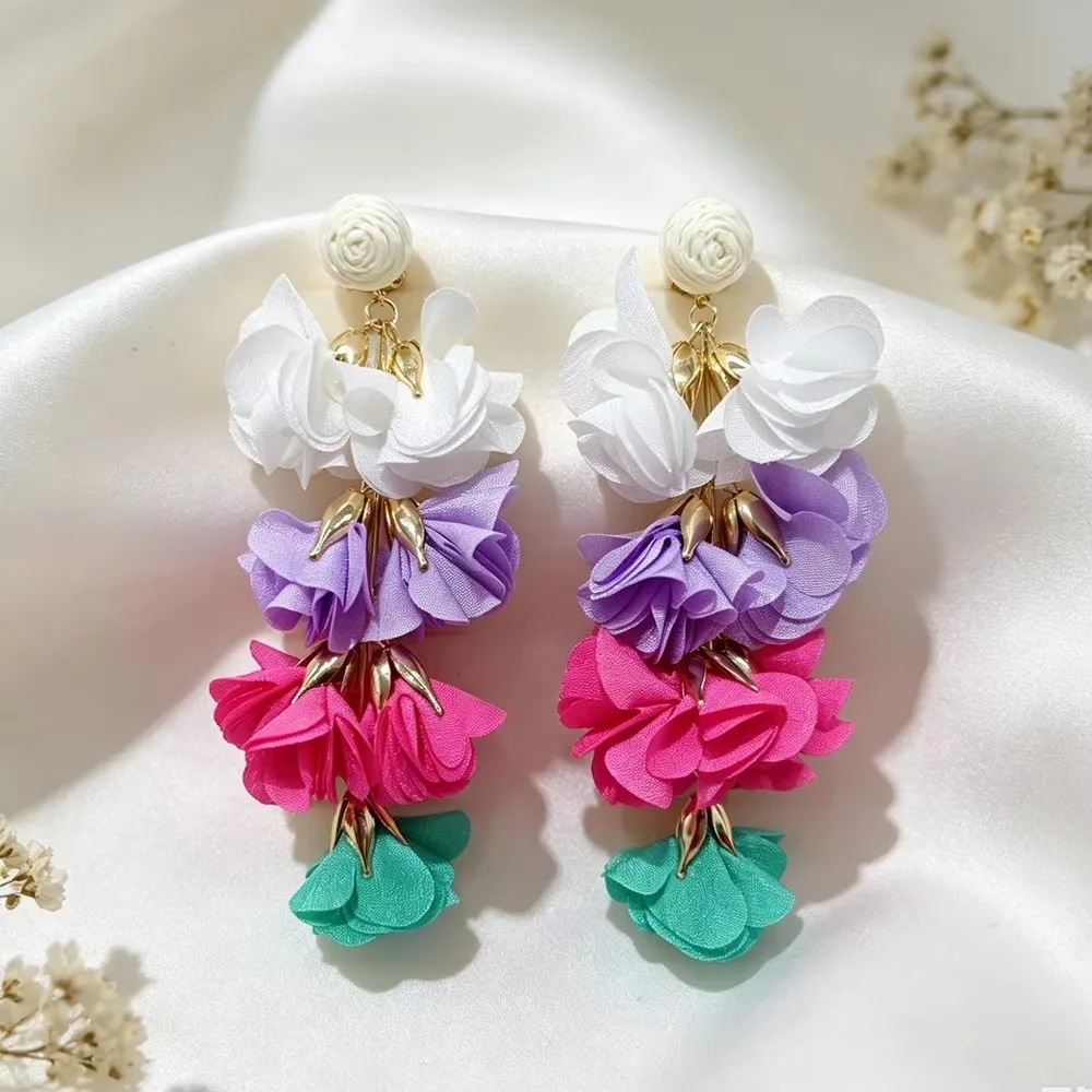 Ethnic Style Tassel Earrings Exaggerated Style Tassel Detail Flower Earrings Colorful Design Clip On Closure Boho Earrings