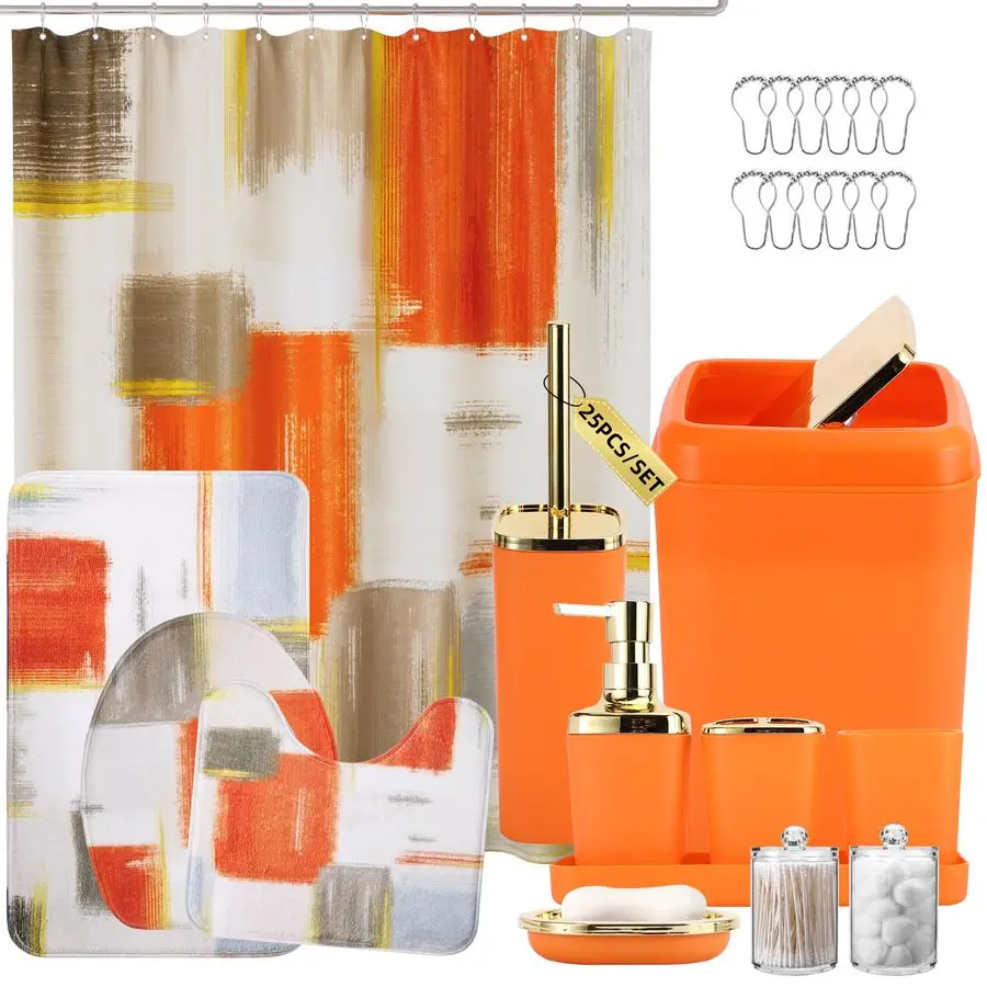 

Set Orange Bathroom Accessories Set, Bathroom Sets with Shower Curtain and Rugs, Orange Shower Curtain Set with Bathroom Trash